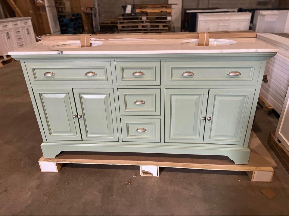 New 67 inch Double Vanity in Pistachio with White Marble Top