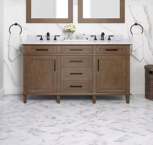 Sonoma 60” Double Sink Almond Latte Vanity with White Marble Top