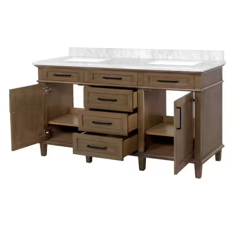 Sonoma 60” Double Sink Almond Latte Vanity with White Marble Top