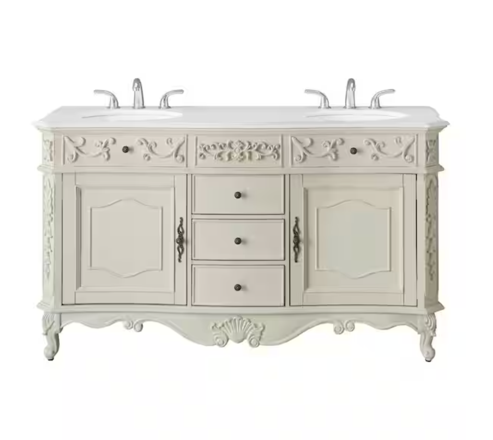 Brand New 60 inch Off-White Double Vanity with White Marble Top