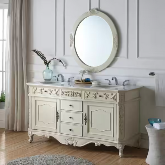 Brand New 60 inch Off-White Double Vanity with White Marble Top